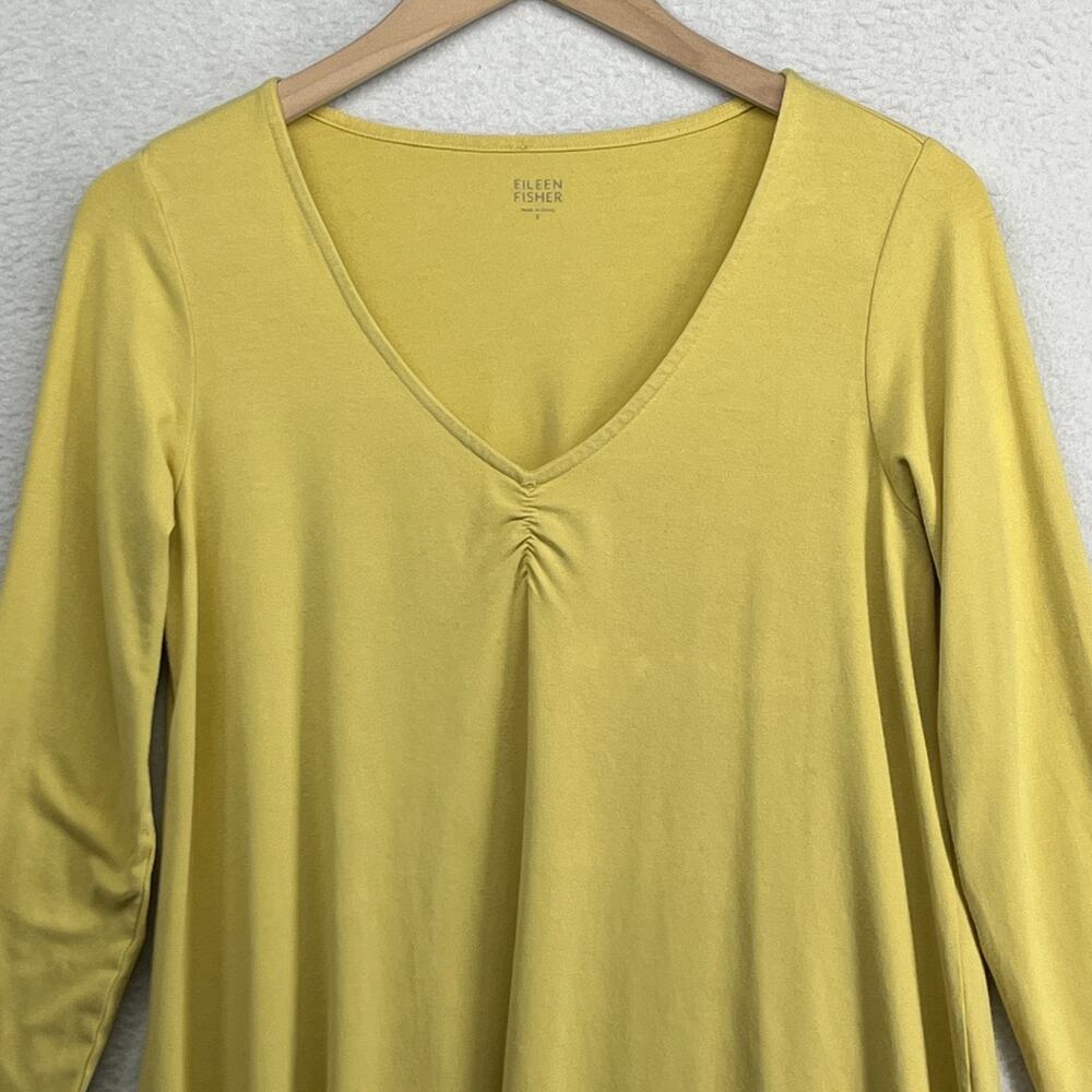 EILEEN FISHER Top S Viscose Stretch Jersey Tunic Ruched V-Neck 3/4 Sleeve Yellow - Picture 3 of 11